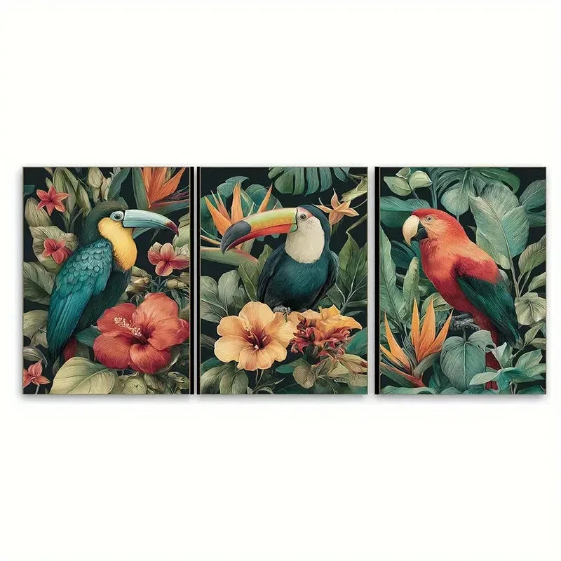 3pcs Tropical Birds in Floral Nature Scenery Wall Art Set Canvas Framed 40x60cm - High Quality Print 100% Australian Made Wall Canvas Ready to Hang