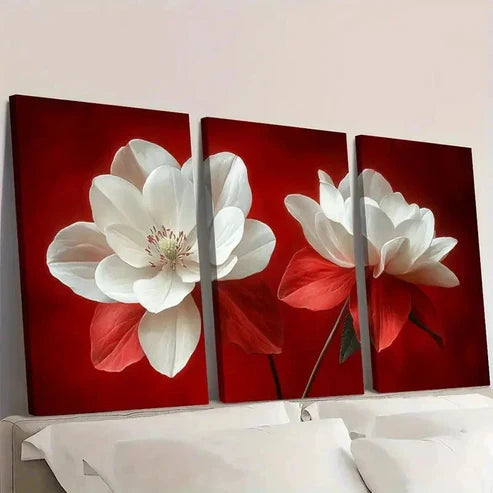 3pcs Vibrant Red & White Winkye Red Flower Wall Art Set Canvas Unframed - High Quality Print 100% Australian Made Wall Canvas