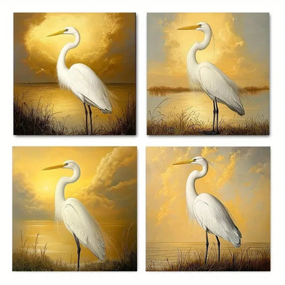 4pcs Bird art Golden vintage Wall Art Canvas Framed