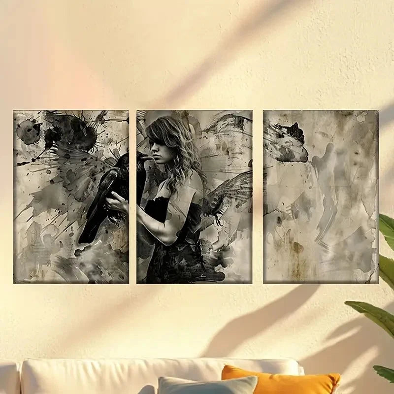 3pcs woman with black dress and black hat Wall Art Set Canvas Framed 50x70cm - High Quality Print 100% Australian Made Wall Canvas Ready to Hang - Bella Home Decor