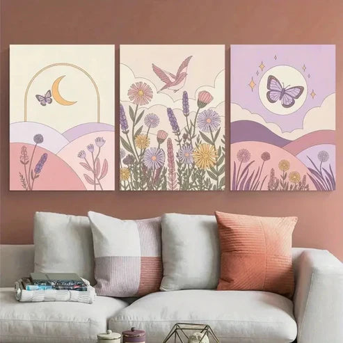 3pcs Moon, Sun, Mountains, Flowers Wall Art Canvas Unframed - High Quality Print 100% Australian Made Wall Canvas