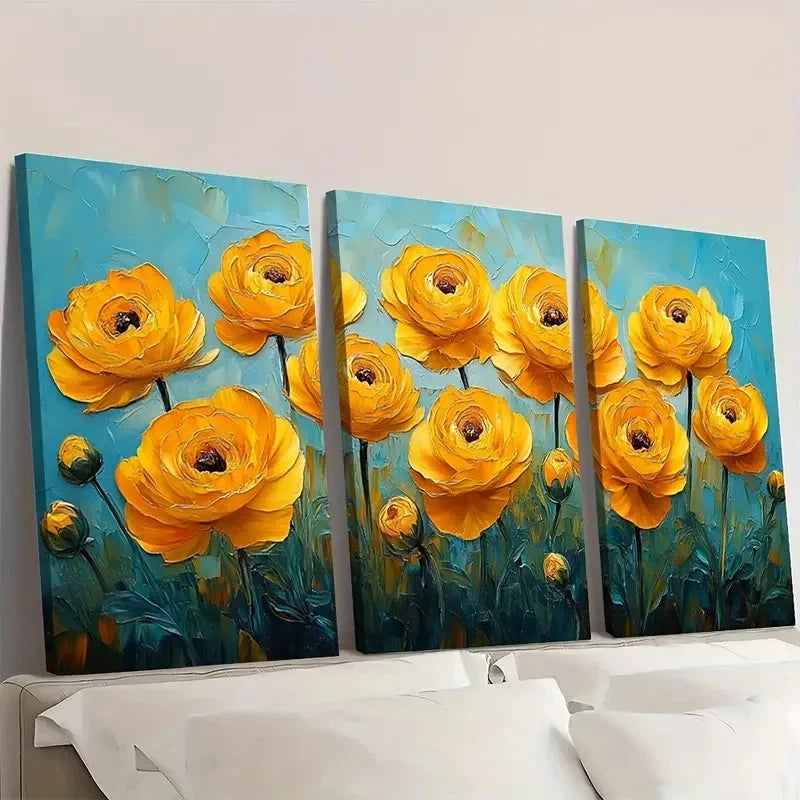 3pcs  Yellow Ranunculus Painting Flowers  YR   Wall Art Set Canvas Framed 60x90cm - High Quality Print 100% Australian Made Wall Canvas Ready to Hang - Bella Home Decor
