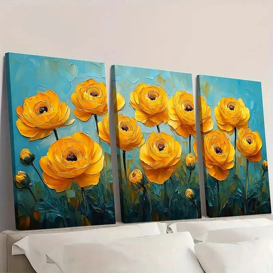 3pcs Yellow Ranunculus Painting Flowers YR Wall Art Set Canvas Framed 60x90cm - High Quality Print 100% Australian Made Wall Canvas Ready to Hang