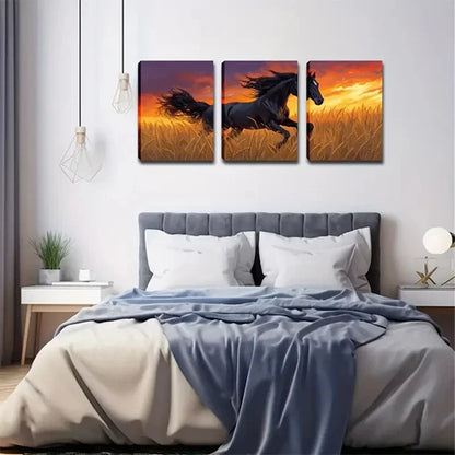 3pcs Running Horse In Rice Elegant Style Wall Art Set Canvas Unframed - High Quality Print 100% Australian Made Wall Canvas