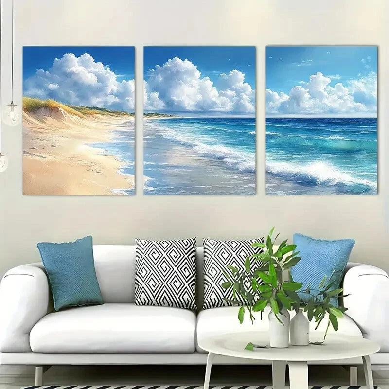 3pcs Beautiful Watercolor Panoramic Beach Metal Print Ready to Hang Art - Bella Home Decor
