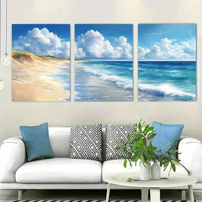 3pcs Beautiful Watercolor Panoramic Beach Metal Print Ready to Hang Art - Bella Home Decor