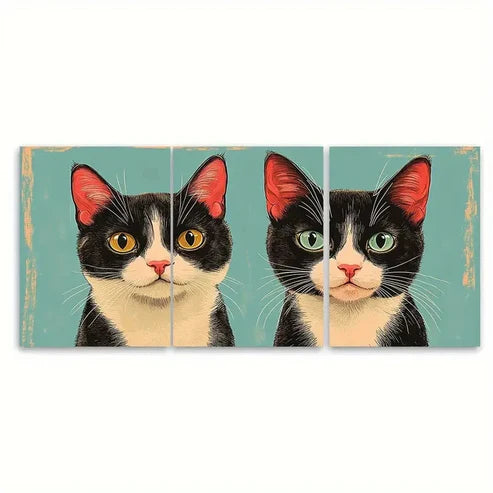 3pcs Retro Style Cat Illustration Wall Art Set Canvas Unframed - High Quality Print 100% Australian Made Wall Canvas