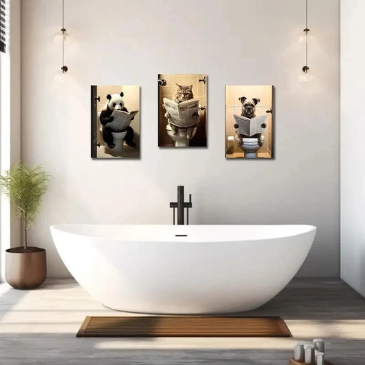 3pcs Featuring a Panda, Dog, And Cat Sitting on a Toilet Metal Print Ready to Hang Art