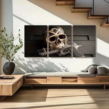 3pcs Skeleton Holding Pistol In Mouth  Wall Art Set Canvas Unframed - High Quality Print 100% Australian Made Wall Canvas