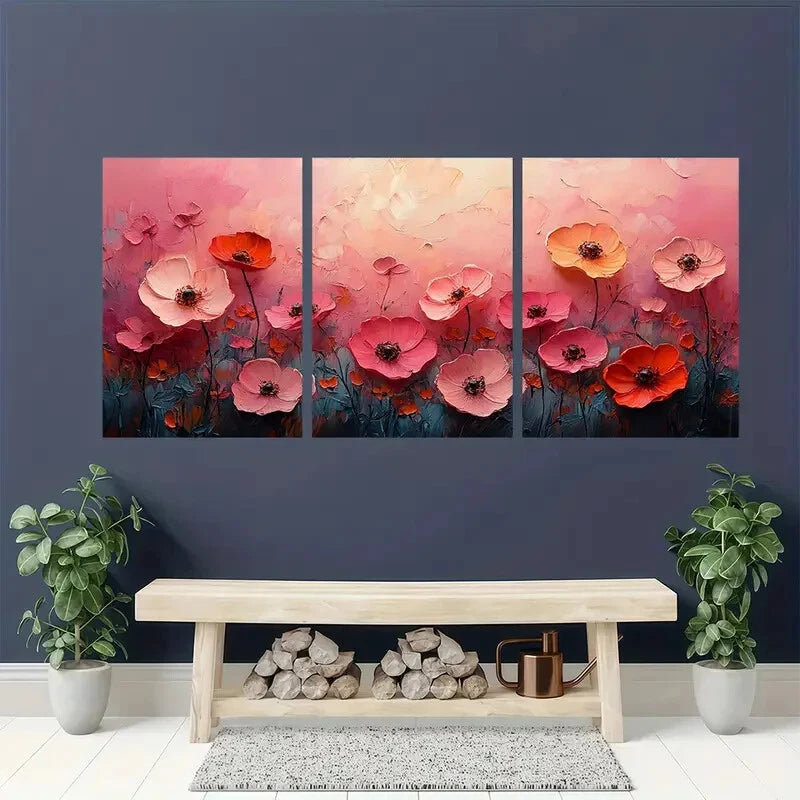 3pcs Floral Textured Abstract Oil Paintings Metal Print Ready to Hang Art - Bella Home Decor