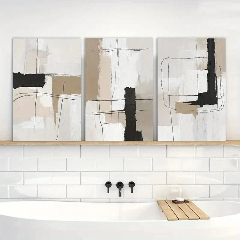 3pcs Neutral Abstract Black White Beige Metal Print Ready to Hang Art - Bella Home Decor