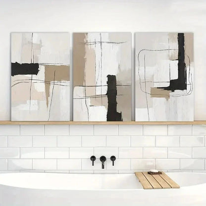 3pcs Neutral Abstract Black White Beige Metal Print Ready to Hang Art - Bella Home Decor