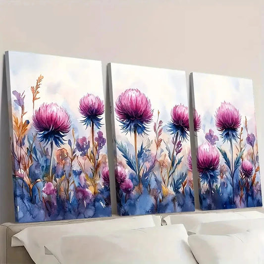 3pcs Thistle Watercolor Painting - Scottish TW Wall Art Set Canvas Framed 60x90cm - High Quality Print 100% Australian Made Wall Canvas Ready to Hang