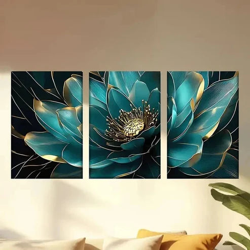 3pcs Blue Flower with Golden Leaves Wall Art Canvas Unframed – High Quality Print 100% Australian Made Wall Canvas - Bella Home Decor