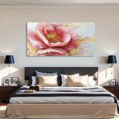 Golden Textured Pink Flower Wall Art Canvas Office Home Room Framed 120x60cm - Bella Home Decor