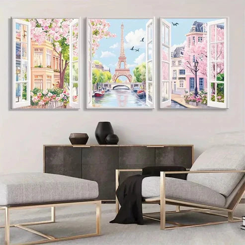 3pcs Blooming Streets with Eiffel Tower Perfect  Wall Art Set Canvas Unframed - High Quality Print 100% Australian Made Wall Canvas - Bella Home Decor