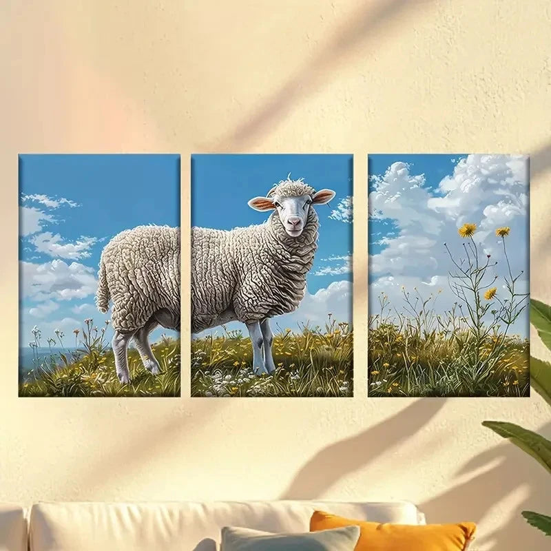 3pcs Sheep in a Field of Flowers Wall Art Set Canvas Framed 40x60cm - High Quality Print 100% Australian Made Wall Canvas Ready to Hang
