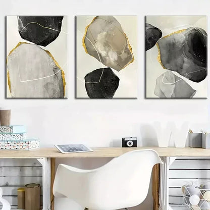 3pcs Featuring Abstract Modern Stone Gold Black Wall Art Canvas Unframed - High Quality Print 100% Australian Made Wall Canvas
