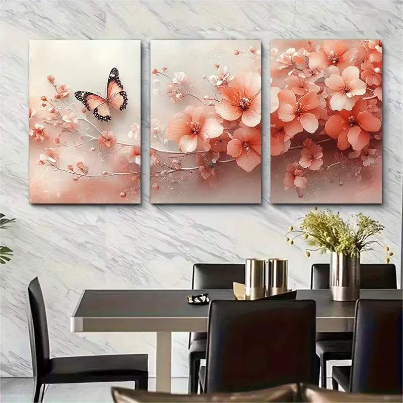 3pcs Delicate Flower Branch with Butterfly Metal Print Ready to Hang Art - Bella Home Decor