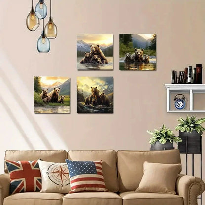 4pcs Bears by a River in a Forest at Sunset Wall Art Canvas Unframed/Framed