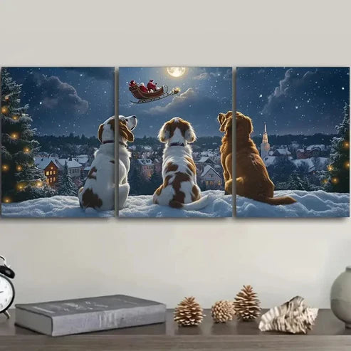 3pcs The dog looks at Santa Claus  Wall Art Set Canvas Unframed - High Quality Print 100% Australian Made Wall Canvas