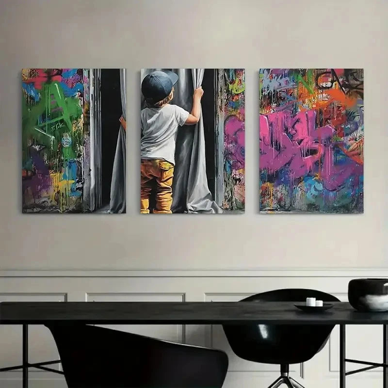 3pcs Boy Revealing Graffiti Behind Curtain Metal Print Ready to Hang Art - Bella Home Decor