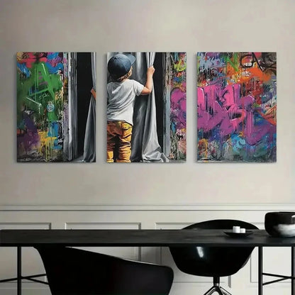 3pcs Boy Revealing Graffiti Behind Curtain Metal Print Ready to Hang Art - Bella Home Decor