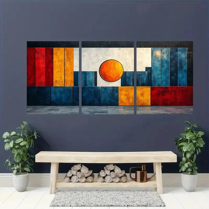 3pcs Blue White Orange & Red Geometric Designs Metal Print Ready to Hang Art - Bella Home Decor