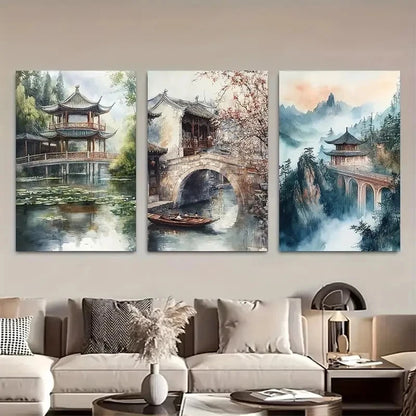3pcs Chinese Landscape Triptych Metal Print Ready to Hang Art - Bella Home Decor