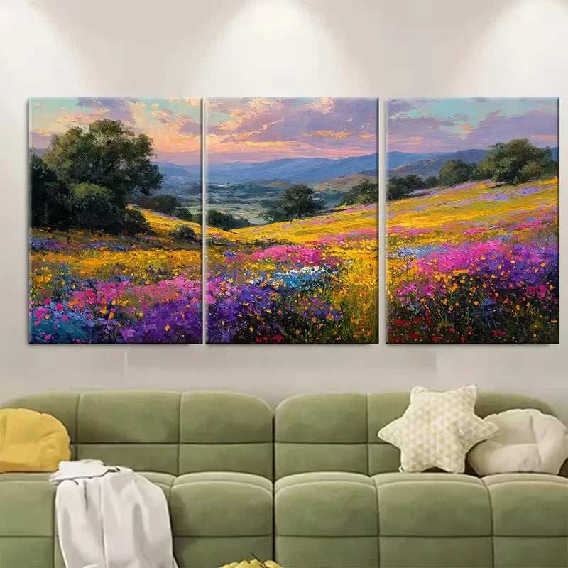 3pcs Wildflower Meadow at Sunset Metal Print Ready to Hang Art