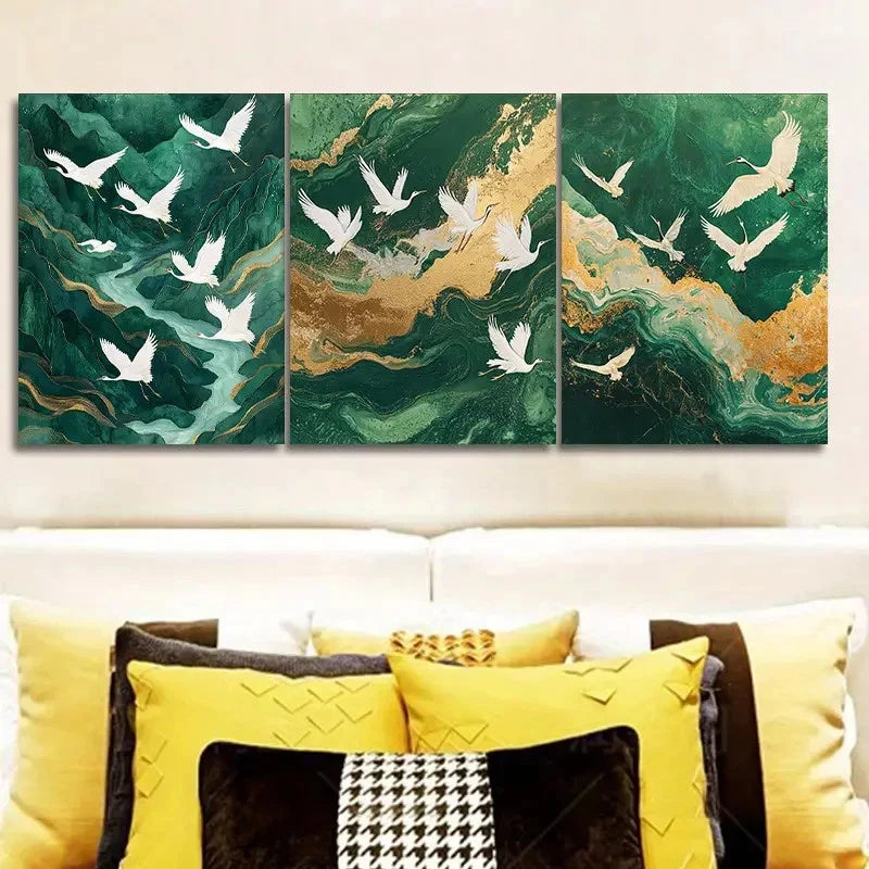 3pcs Mountains white cranes Chinese Painting  Wall Art Set Canvas Framed 40x60cm - High Quality Print 100% Australian Made Wall Canvas Ready to Hang