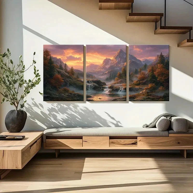 3pcs Mountain Sunset Forest Stream Autumn Colors Metal Print Ready to Hang Art - Bella Home Decor