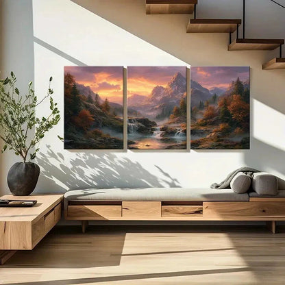 3pcs Mountain Sunset Forest Stream Autumn Colors Metal Print Ready to Hang Art - Bella Home Decor
