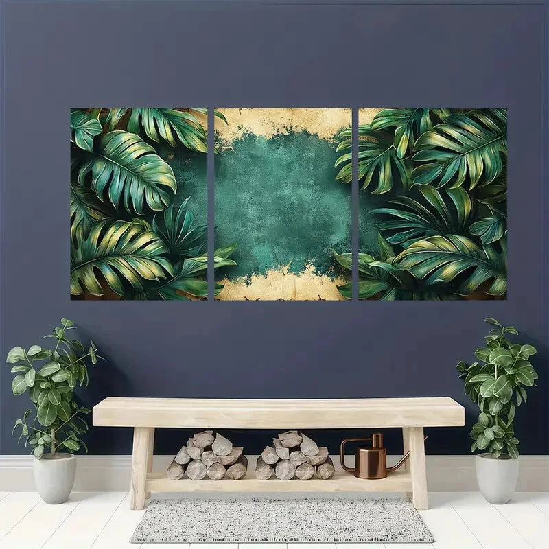 3pcs Tropical Jungle Palm Leaf Grunge Style Metal Print Ready to Hang Art - Bella Home Decor