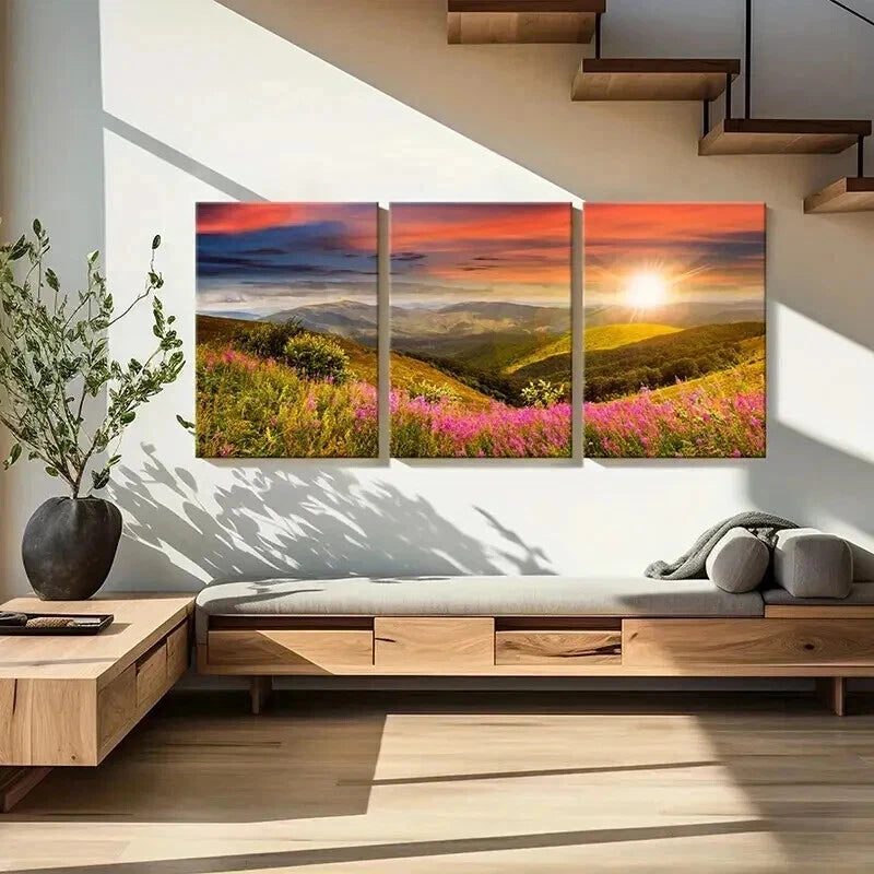 3pcs Mountain Wildflowers and Sunset Wall Art Set Canvas Framed 60x90cm - High Quality Print 100% Australian Made Wall Canvas Ready to Hang - Bella Home Decor