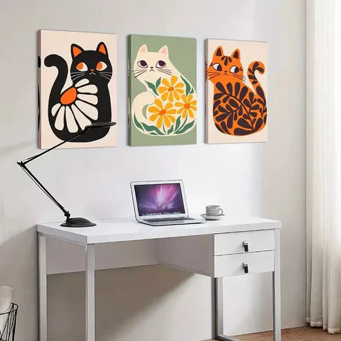 3pcs Boho Wall Art Cute Cats Artwork Plant Wall Art Set Canvas Unframed - High Quality Print 100% Australian Made Wall Canvas - Bella Home Decor