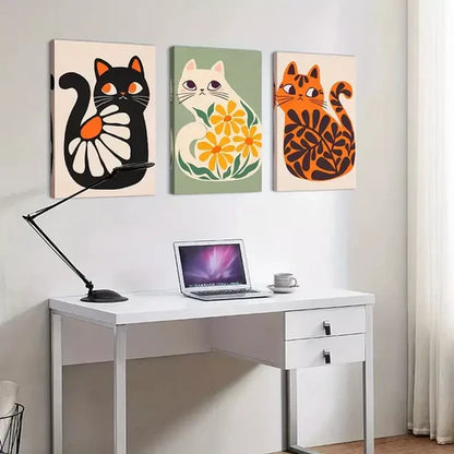 3pcs Boho Wall Art Cute Cats Artwork Plant Wall Art Set Canvas Unframed - High Quality Print 100% Australian Made Wall Canvas - Bella Home Decor