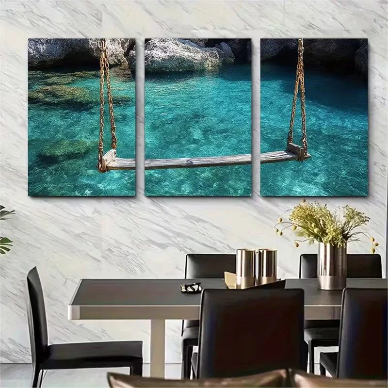 3pcs Clear Turquoise Blue Seascape Metal Print Ready to Hang Art - Bella Home Decor