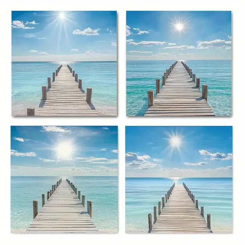 4pcs  Beach Pier & Ocean View Paintings Wall Art Canvas Framed