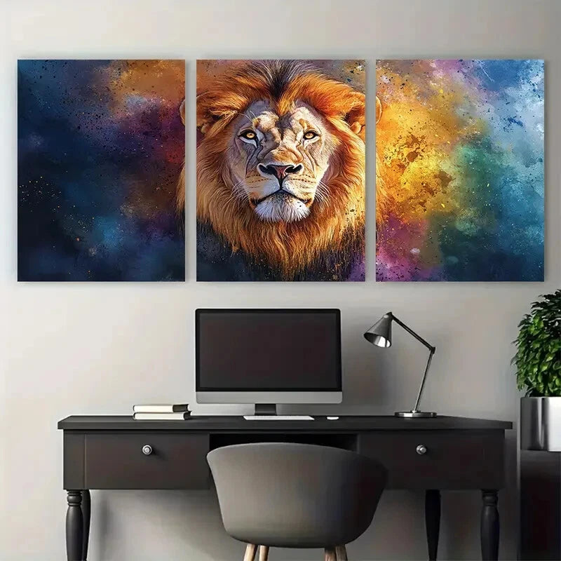 3pcs Watercolor Lion Majestic Male Portrait Metal Print Ready to Hang Art - Bella Home Decor