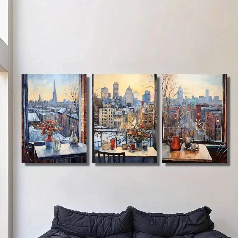 3pcs Chicago Winter Impressionistic Cityscape Metal Print Ready to Hang Art - Bella Home Decor