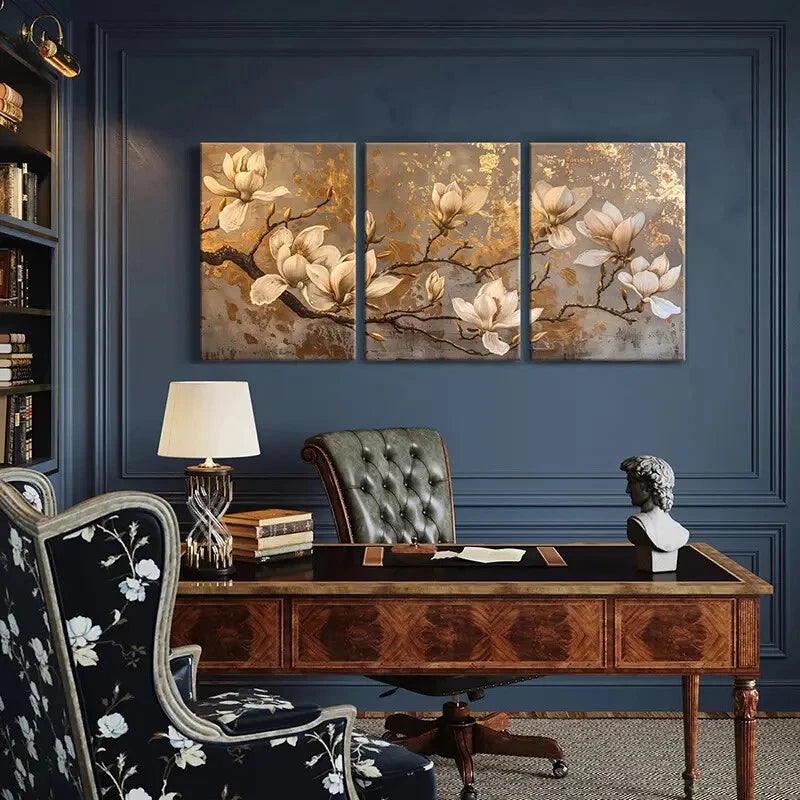 3pcs Magnolia Golden Leaf Floral Art Vintage Metal Print Ready to Hang Art - Bella Home Decor