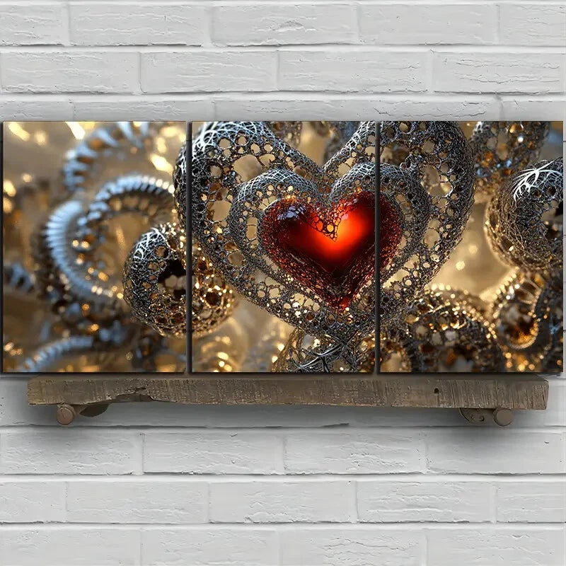 3pcs Love Themed Red Heart Silver Themed Metal Print Ready to Hang Art - Bella Home Decor