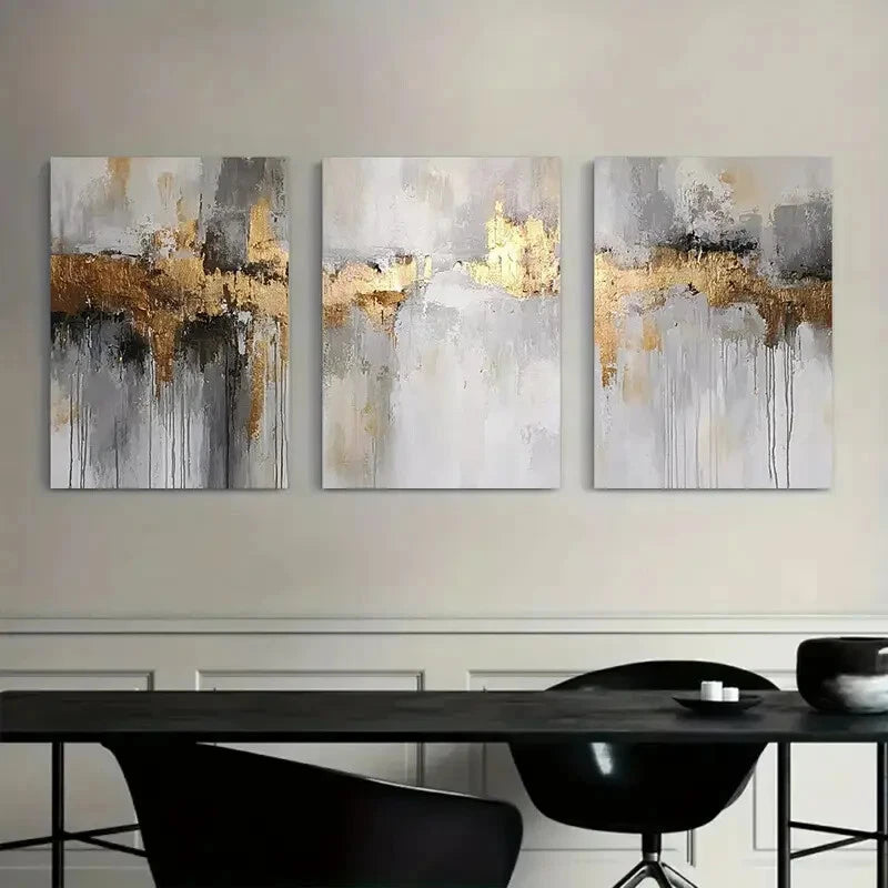 3pcs Rustic Abstract Golden & Gray Metal Print Ready to Hang Art - Bella Home Decor