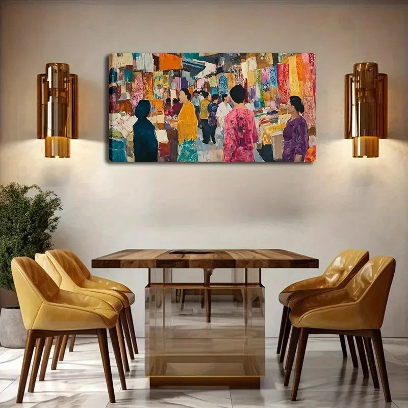 Vibrant Market Scene Wall Art Canvas Office Home Room Framed 120x60cm
