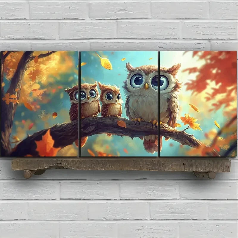 3pcs The Owl On The Branch Bird Metal Print Ready to Hang Art