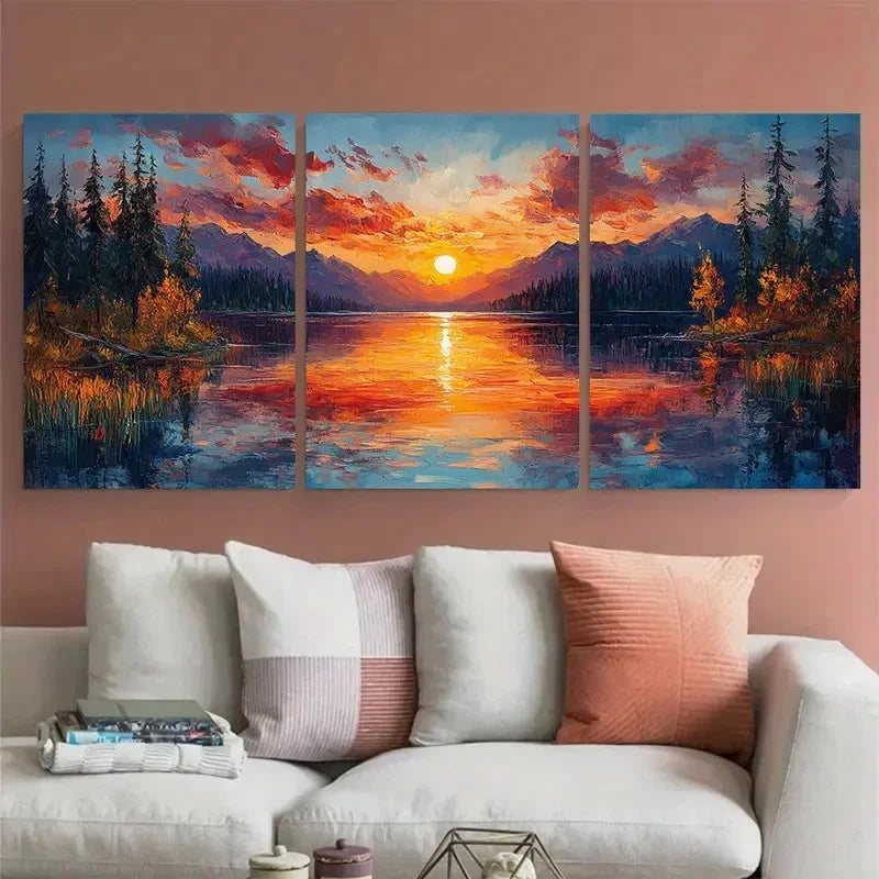 3pcs Colorful Sunset Over a Lake Nature Landscape Metal Print Ready to Hang Art - Bella Home Decor