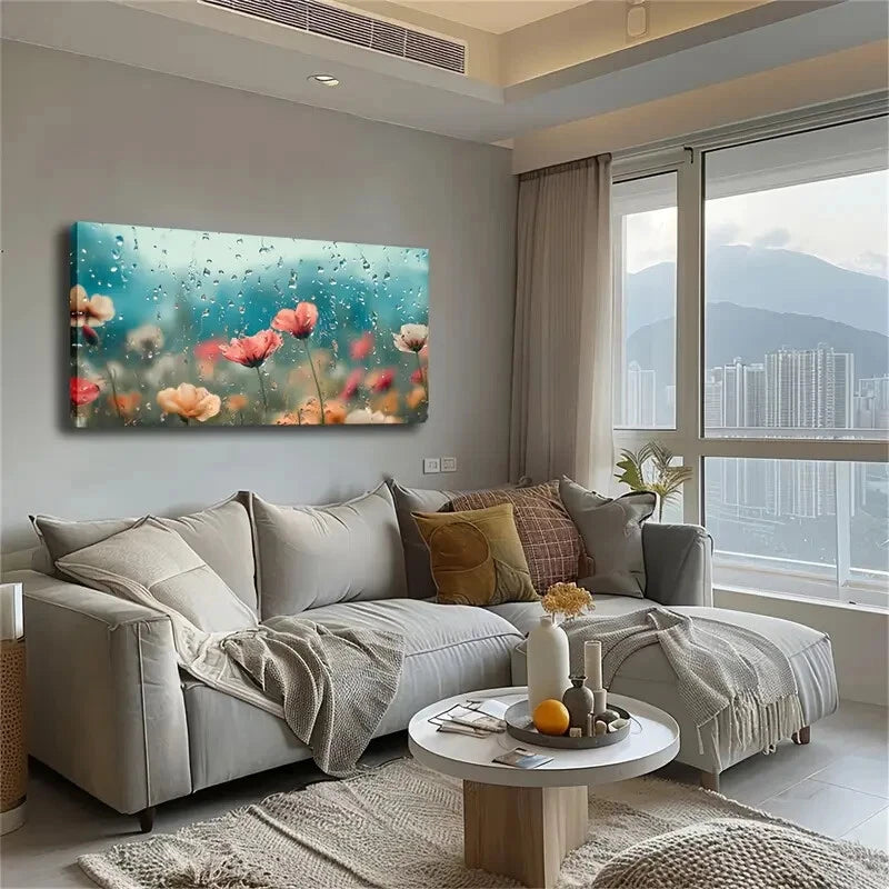 Vibrant Poppy Field Raindrops Wall Art Canvas Office Home Room Framed 120x60cm - Bella Home Decor