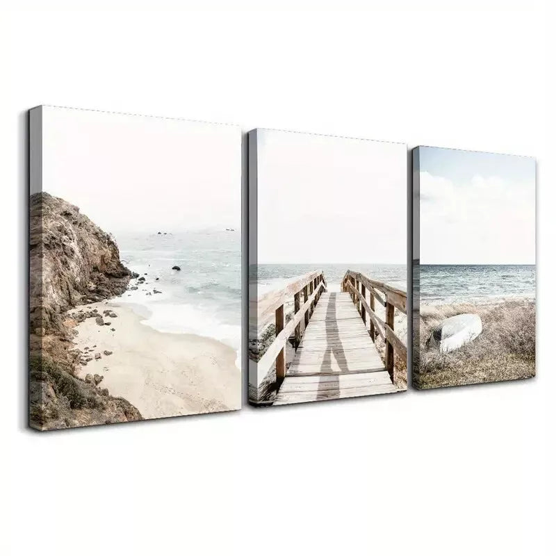 3pcs Coastal Mural   Wall Art Set Canvas Framed 50x70cm - High Quality Print 100% Australian Made Wall Canvas Ready to Hang - Bella Home Decor