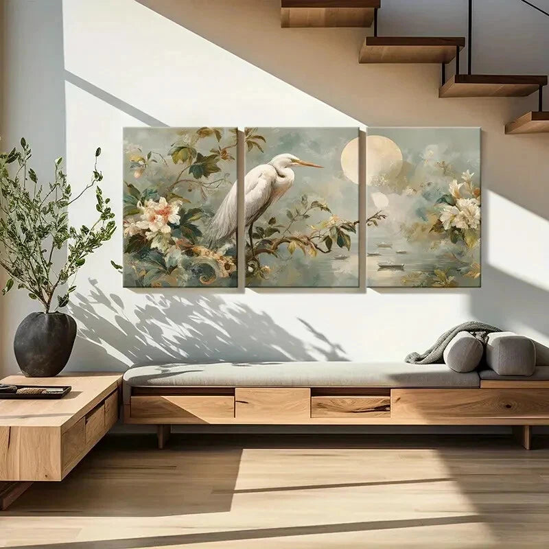 3pcs Elegant White Heron & Floral Moonlit Metal Print Ready to Hang Art - Bella Home Decor